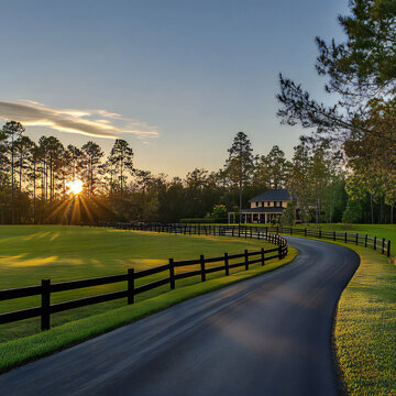 winding gated road lined with a pristine black fence sun sets on a crisp spring evening, leading to opulent luxury 2 floor homes nestled on sprawling acreage in a picturesque