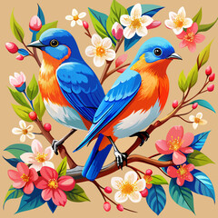Colorful Bluebirds with Cherry Blossoms and Vibrant Spring Flowers on Orange Background

