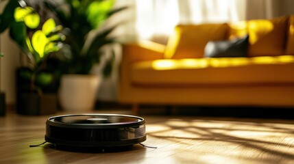 Fototapeta premium Robot Vacuum Cleaner on Wooden Floor in Bright Living Room with Cozy Yellow Sofa and Indoor Plants