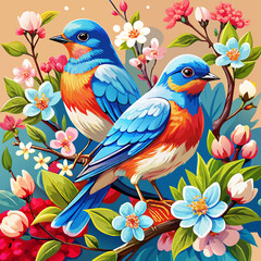 Colorful Bluebirds with Cherry Blossoms and Vibrant Spring Flowers on Orange Background

