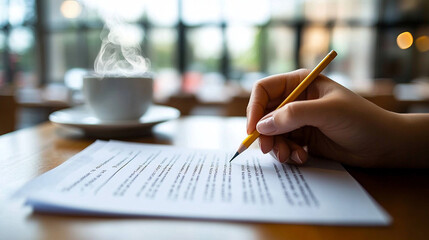 A hand with a pencil hovers over documents alongside a steaming cup of coffee at a cafe.