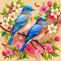Colorful Bluebirds with Cherry Blossoms and Vibrant Spring Flowers on Orange Background


