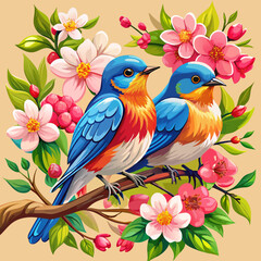Colorful Bluebirds with Cherry Blossoms and Vibrant Spring Flowers on Orange Background

