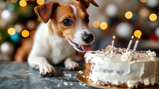 Dog Eating Birthday Cake with Candles Festive Photo