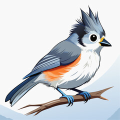 Cute Cartoon Tufted Titmouse with Fluffy Feathers and Blue Orange Plumage

