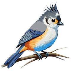 Cute Cartoon Tufted Titmouse with Fluffy Feathers and Blue Orange Plumage

