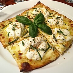 A twist on the classic Pizza Napoletana, topped with creamy burrata cheese, fresh mozzarella, and basil, all beautifully presented on a white plate.