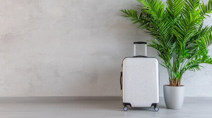 Packed suitcase near plant, ready for travel