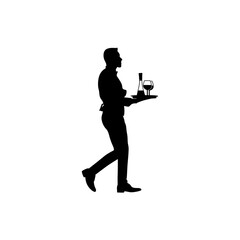 A waiter is running with a bottle of wine on a tray, two classes, vector