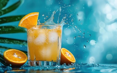A glass of orange juice with bright splashes and citrus slices frozen in motion, tropical blue background