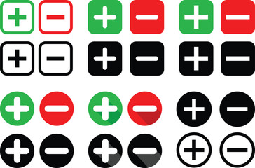 Add and Subtract Icons. Set of plus and minus symbols in circular and square shapes, positive and negative signs, vector icons, geometric symbols for math, web, and UI design elements