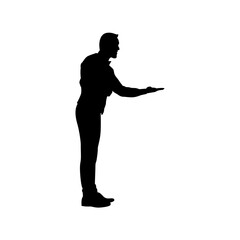 A waiter is showing the way, vector. Black and white background.