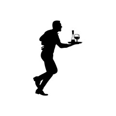 A waiter is running with a bottle of wine on a tray, two classes, vector