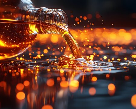 Mesmerizing Stream of Glowing Oil Pouring into Vintage Glass Bottle