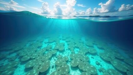 Aerial view of coral bleaching in tropical reef with clear blue ocean and cloudy sky	