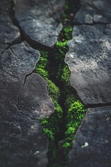 A deep crack in dark stone with vibrant green moss growing within the crevice, highlighting nature's resilience