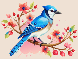 Photorealistic Blue Jay Perched on Cherry Blossom Branch with Vibrant Colors and Spring Theme in Botanical Illustration


