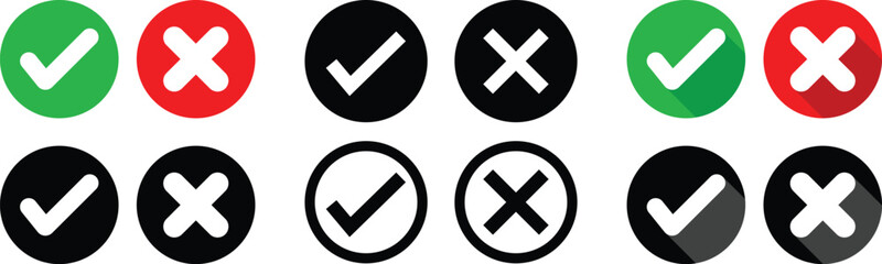 Right or wrong, Green tick and red cross icon set. Check mark, accepted, rejected, approved, disapproved, right, wrong, correct, false, true, done symbols for user interface.