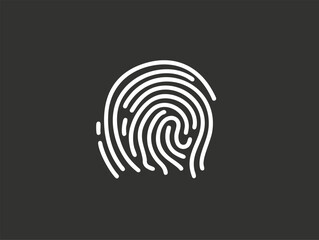 White fingerprint icon on a dark background symbolizing security and identity.