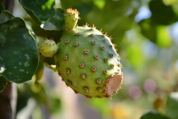 A close-up of the green cactus fruit on its plant, with small brown spots and thorns around it.