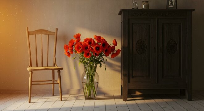 Una silla de madera junto a un jarr&oacute;n con flores rojas, un mueble de madera a la derecha, todo sobre un suelo de madera blanco y una pared beige