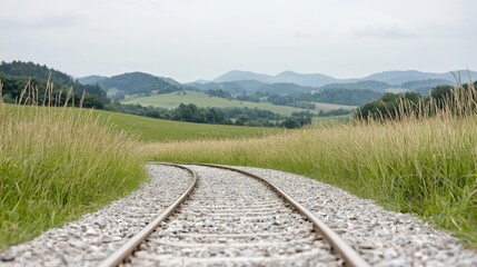 Railroad tracks winding through grassy fields, looking out to hills.  Possible use Stock photo