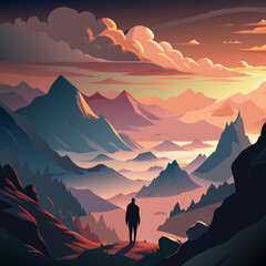 Naklejka premium Mountain Landscape with Silhouette Figure and Dramatic Sunset in Epic Fantasy Illustration