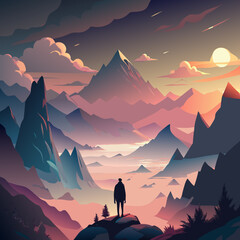 Naklejka premium Mountain Landscape with Silhouette Figure and Dramatic Sunset in Epic Fantasy Illustration