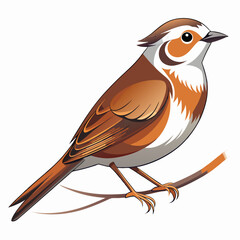 Detailed Small Sparrow Illustration with Brown and White Feathers and Orange Beak in Side Profile

