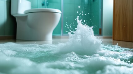 Water splashes across the bathroom floor, creating a dynamic, unexpected visual scene that captures the essence of chaos, confusion, and urgency typically associated with plumbing emergencies.