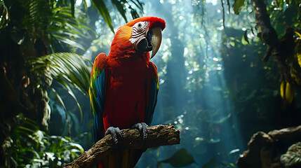 Vibrant Scarlet Macaw Perched on Branch in Lush Tropical Rainforest Sunlight Streaming Through