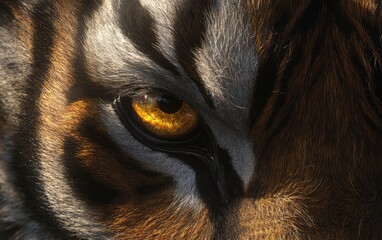 A close-up of the eyes and stripes on an adult tiger's face, with detailed fur texture and intense yellow gaze. 