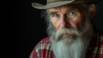Portrait of an old man with a long gray beard wearing a hat and a checkered shirt, looking at the camera against a dark background. 