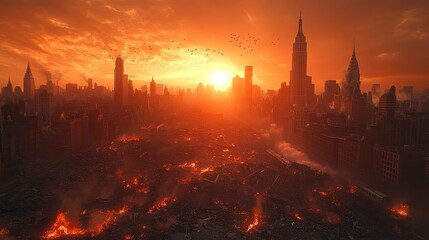 Fototapeta premium Burning Cityscape Sunset Apocalyptic Digital Art Print