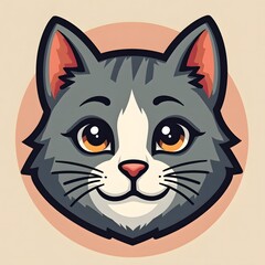 Adorable grey cat with bright orange eyes smiling warmly against peach background