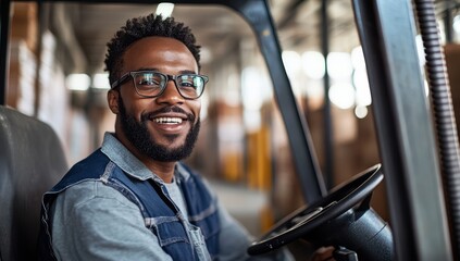 A Black man with glasses smiles while driving a forklift in a warehouse. 