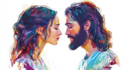 A digital painting depicting Jesus and Mary, side by side in profile view, with vibrant colors on a white background. The illustration captures their expressions as they gaze at each other, conveying 