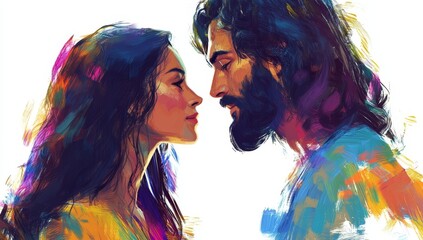 A digital painting depicting Jesus and Mary, side by side in profile view, with vibrant colors on a white background. The illustration captures their expressions as they gaze at each other, conveying 