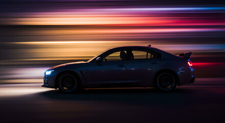 Fast moving dark blue luxury sedan on black background with colorful light streaks. Dynamic car motion shot at night. Speed and power concept for automotive advertising