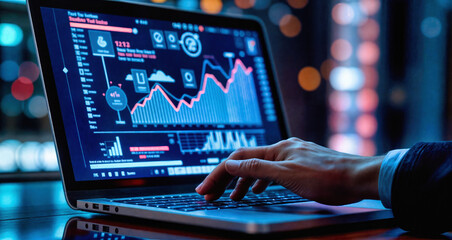 Financial data analytics dashboard on laptop screen with blue digital interface. Market performance metrics, economic growth charts, statistical graphs and business intelligence visualization in dark
