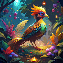 Fototapeta premium Vibrant Fantasy Parrot with Golden Crest Feathers and Iridescent Plumage in Lush Jungle Setting