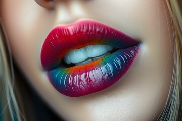 Closeup of woman multitone lips. Symbol of emotional transition and energy. Abstract spectrum concept