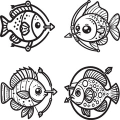 Playful Cartoon Archer Fish Illustrations – Creative Black-and-White Aquatic Art