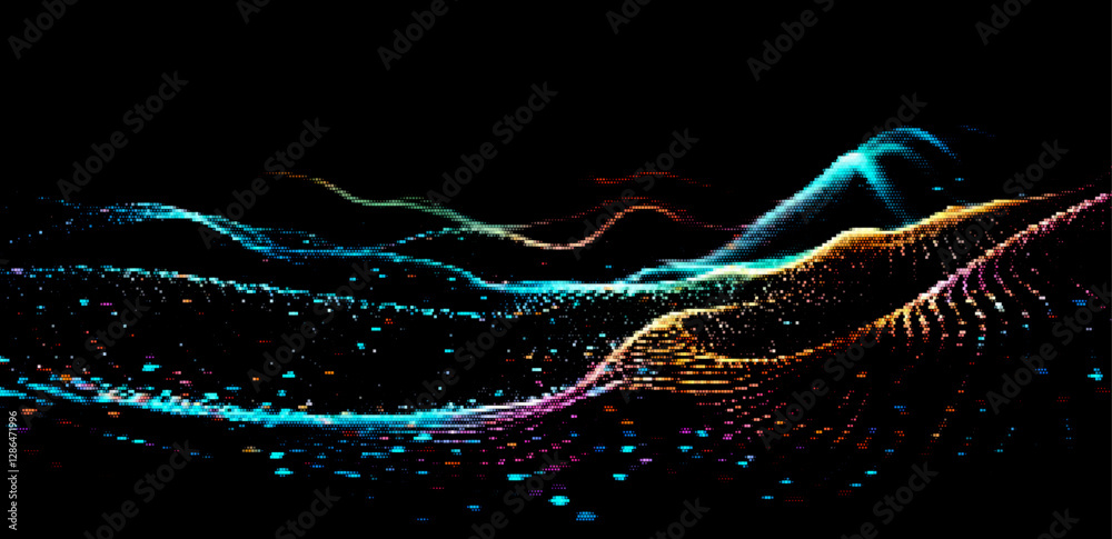 Poster Abstract vector art features vibrant, undulating waves of multicolored particles against a dark background, creating a dynamic sense of movement and depth. Perfect for tech-themed designs.