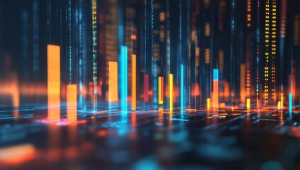3D render of a glowing bar graph with data points, a blurred background, and an orange and blue color scheme.