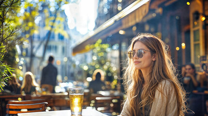Fototapeta premium Stylish young woman with sunglasses at outdoor cafe terrace during golden sunset. Trendy blonde enjoying beer in alfresco restaurant. Natural backlit portrait with urban atmosphere and bokeh lights