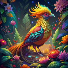 Fototapeta premium Vibrant Fantasy Parrot with Golden Crest Feathers and Iridescent Plumage in Lush Jungle Setting