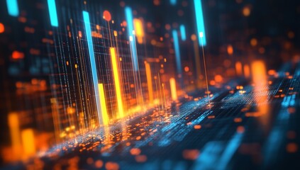 3D render of a glowing bar graph with data points, a blurred background, and an orange and blue color scheme.