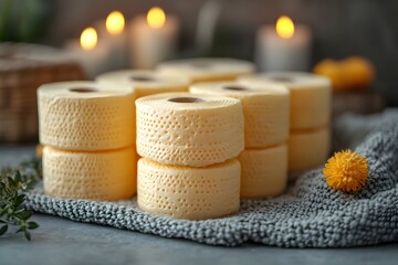 Cozy Bathroom Decor with Candles and Towels Featuring Stacked Toilet Paper Rolls