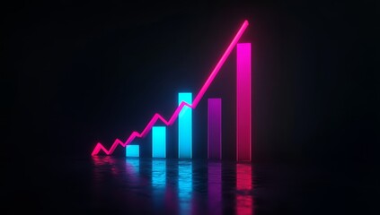 3D render of a glowing neon bar graph with a rising trend line on a black background. The neon lights are in shades of blue, red, and pink.